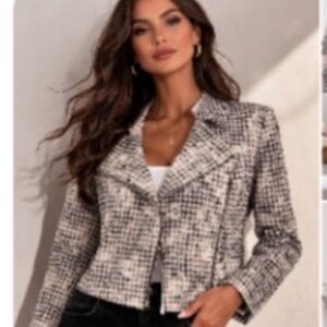 CHICOS Cream Gold  Houndstooth Moto Style Jacket 8 NWOT